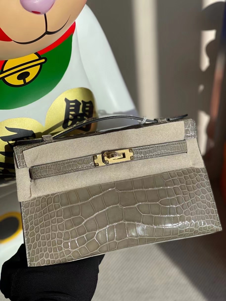 Hermès（爱马仕）Mini kelly pochette 22cm Alligator shiny 亮面鳄鱼 ck81 斑鸠灰 金扣 顶级手缝 晚宴包