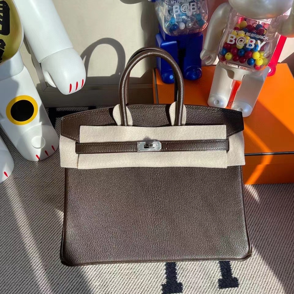 Hermès（爱马仕）Birkin 25cm chevre 山羊皮 乌木色内拼橙色 拉丝银扣 定制