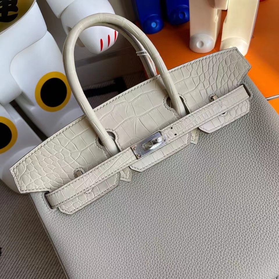 Hermès（爱马仕）Birkin 25cm Touch 系列！ck80 珍珠灰 拼雾面方块奶油白 银扣 顶级手缝