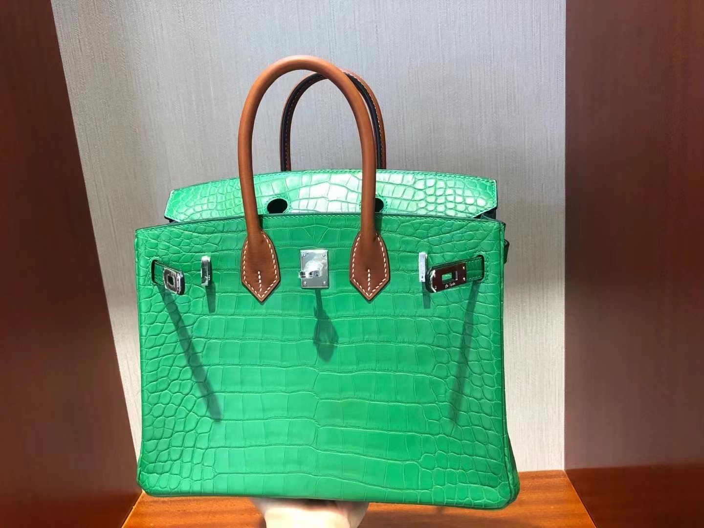 Hermès（爱马仕）Birkin 25cm Alligator matt 竹子绿拼马鞍皮棕色手腕 银扣 顶级手缝