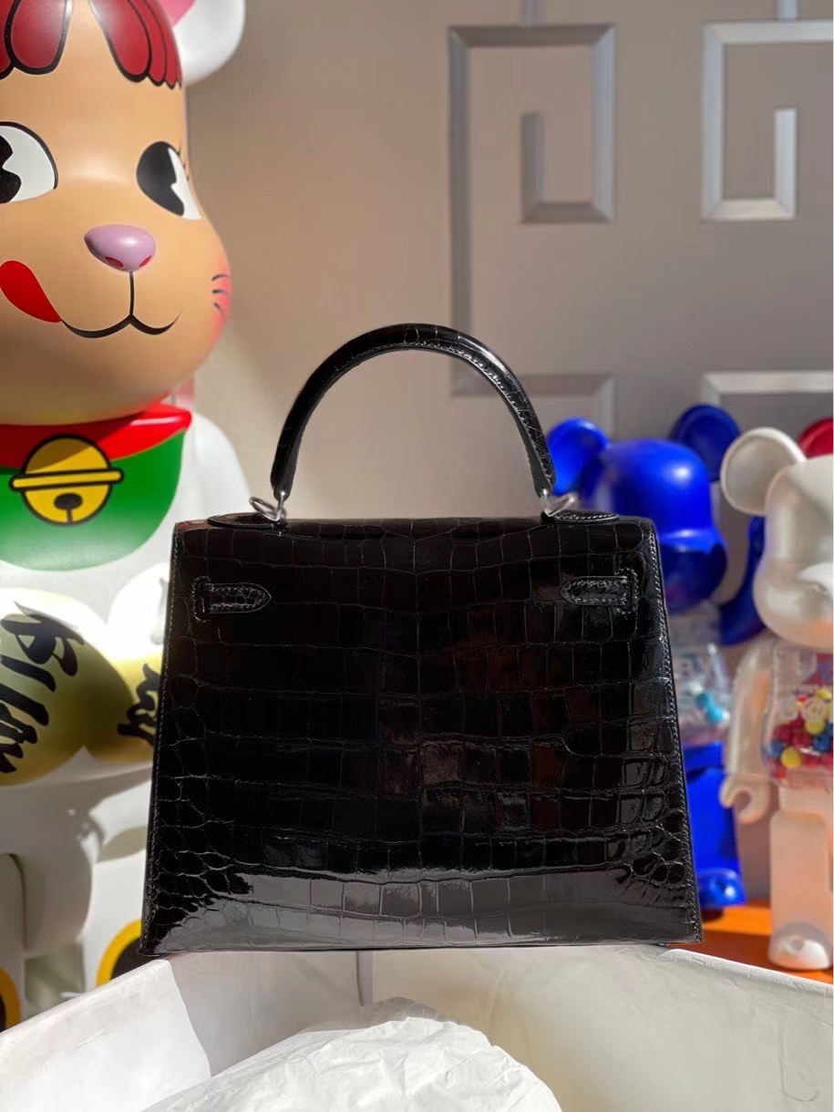 Hermès（爱马仕）Kelly 25cm Crocodile shiny 亮面鳄鱼 ck89 黑色 noir 银扣 顶级手缝 现货