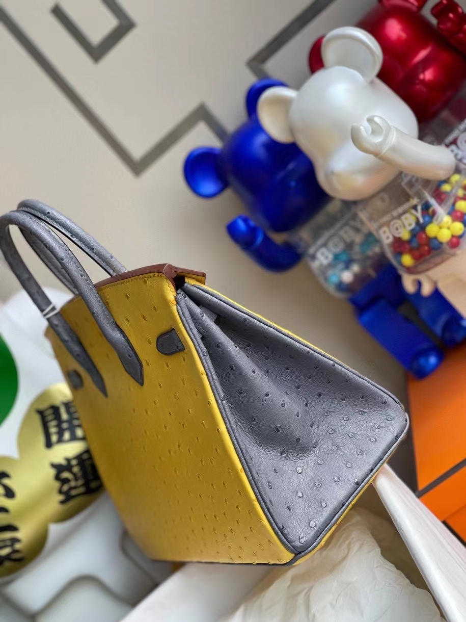 Hermès（爱马仕）Birkin 25cm Ostrich kk鸵鸟9Ｄ琥珀黄 拼 玛瑙灰 金扣 马蹄印 顶级手缝