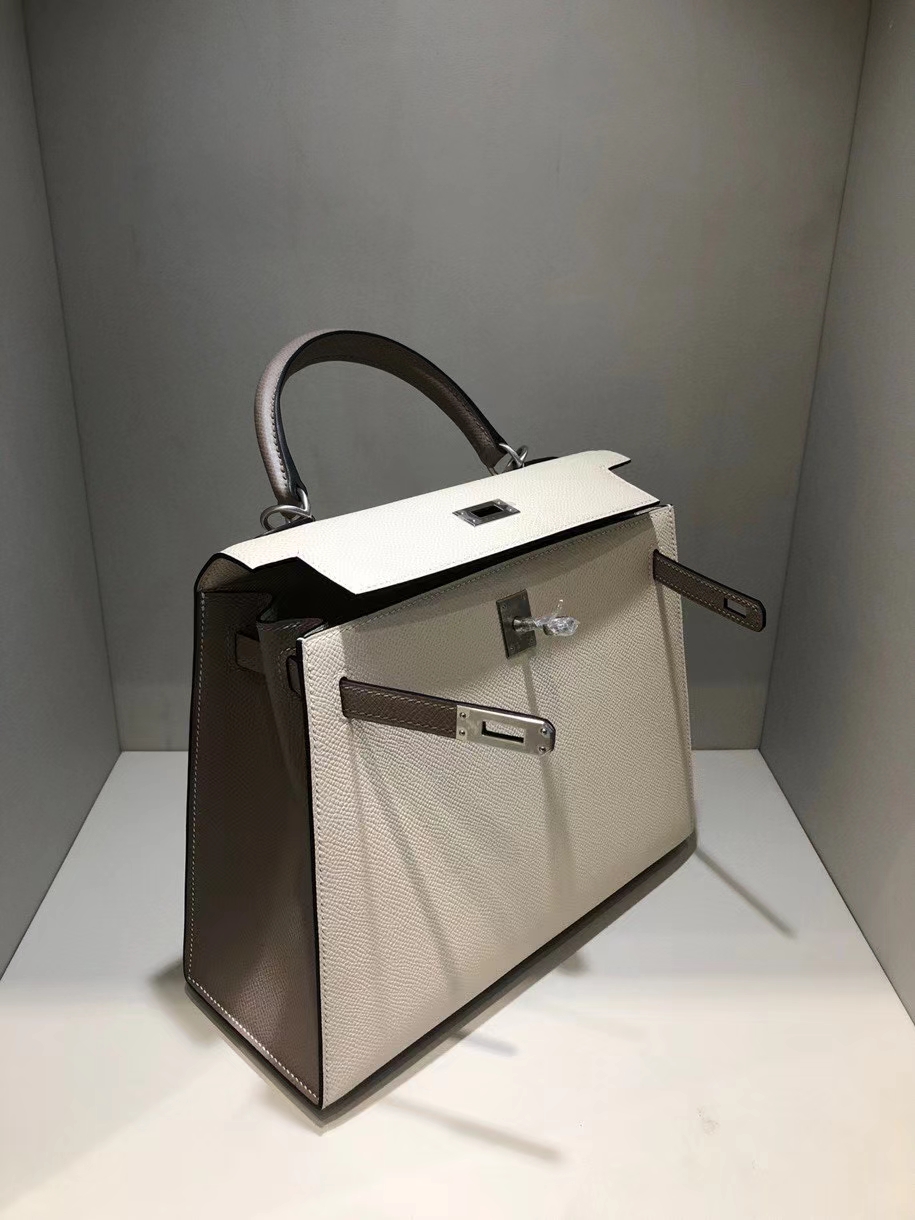 Hermès（爱马仕）Kelly 25cm Epsom 原厂掌纹皮 ck10 奶昔白Craie  M8 沥青灰 gris ashpite 拉丝银扣