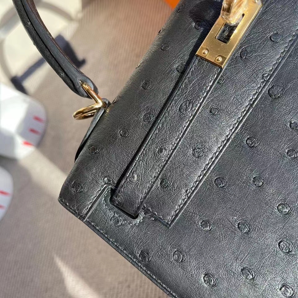 Hermès（爱马仕）Kelly 25cm Ostrich kk鸵鸟 ck89 黑色 Noir 金扣 顶级手缝 定制