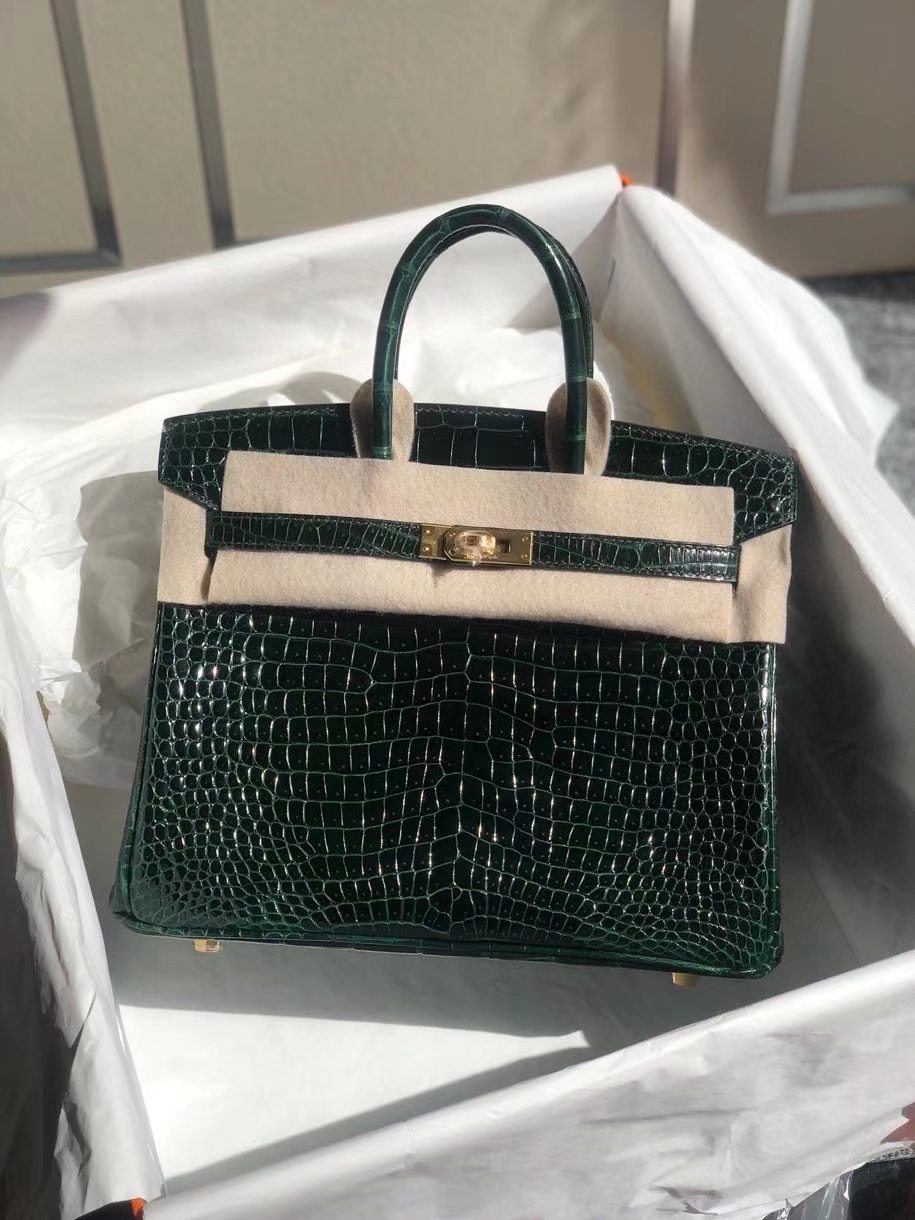 Hermès（爱马仕）Birkin 25cm Porosus shiny 亮面澳洲鳄鱼 祖母绿 金扣 顶级手缝 现货