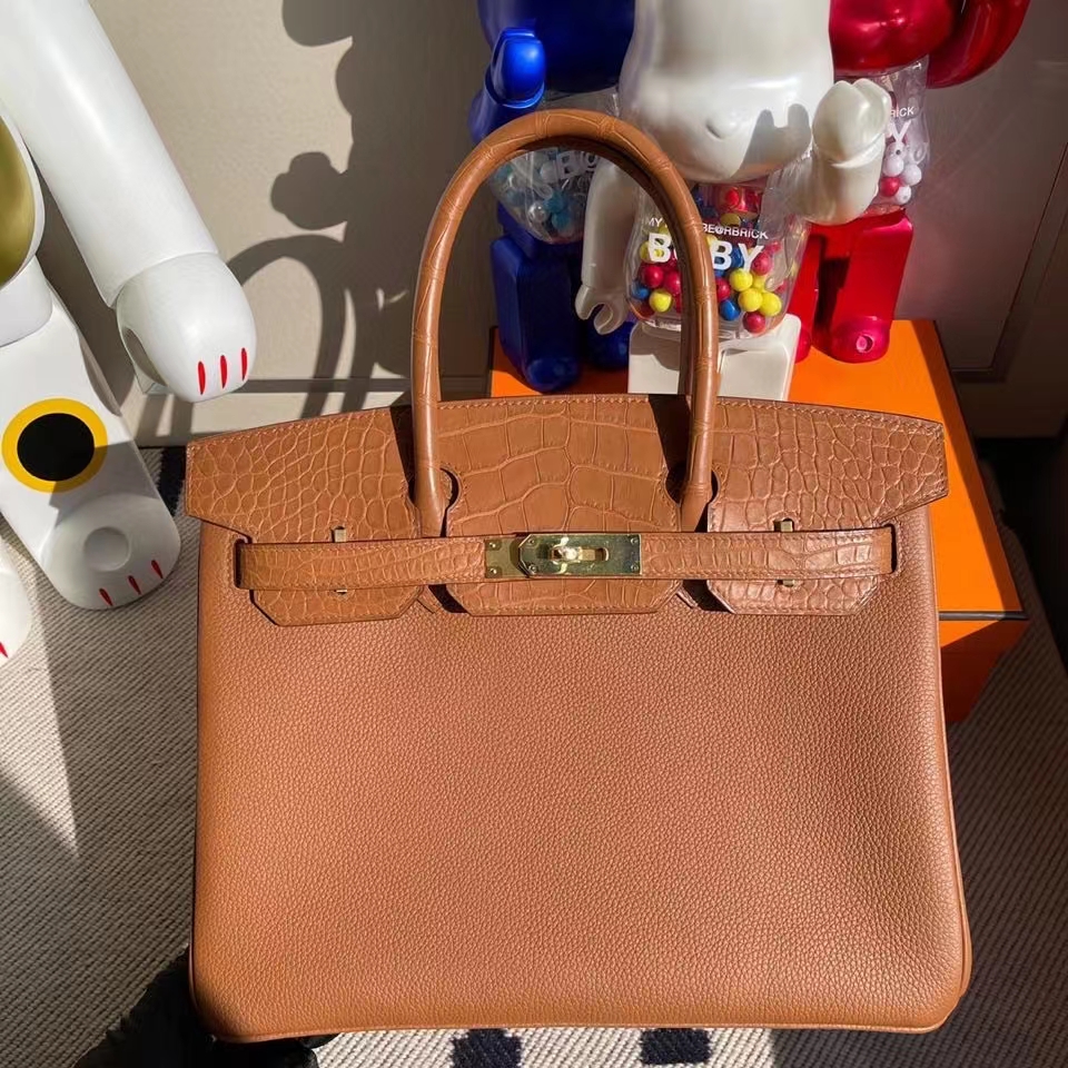 Hermès（爱马仕）Birkin 30cm Touch 系列 金棕色 雾面方块棕色鳄鱼 金扣 顶级手缝 定制