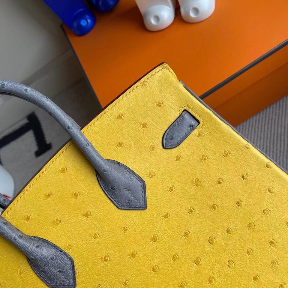 Hermès（爱马仕）Birkin 25cm Ostrich kk鸵鸟9Ｄ琥珀黄 拼 玛瑙灰 金扣 马蹄印 顶级手缝