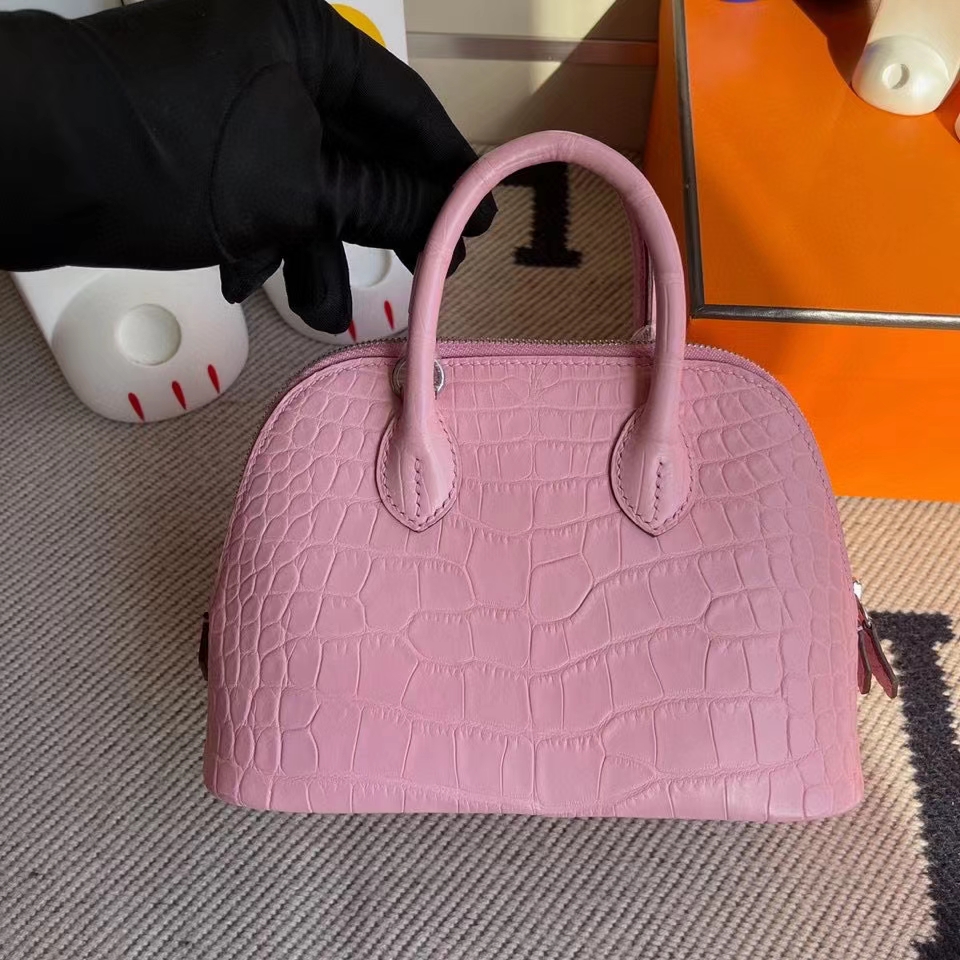 Hermès（爱马仕）Mini Bolide Alligator matt 雾面鳄鱼 5p 樱花粉 银扣 顶级手缝 现货