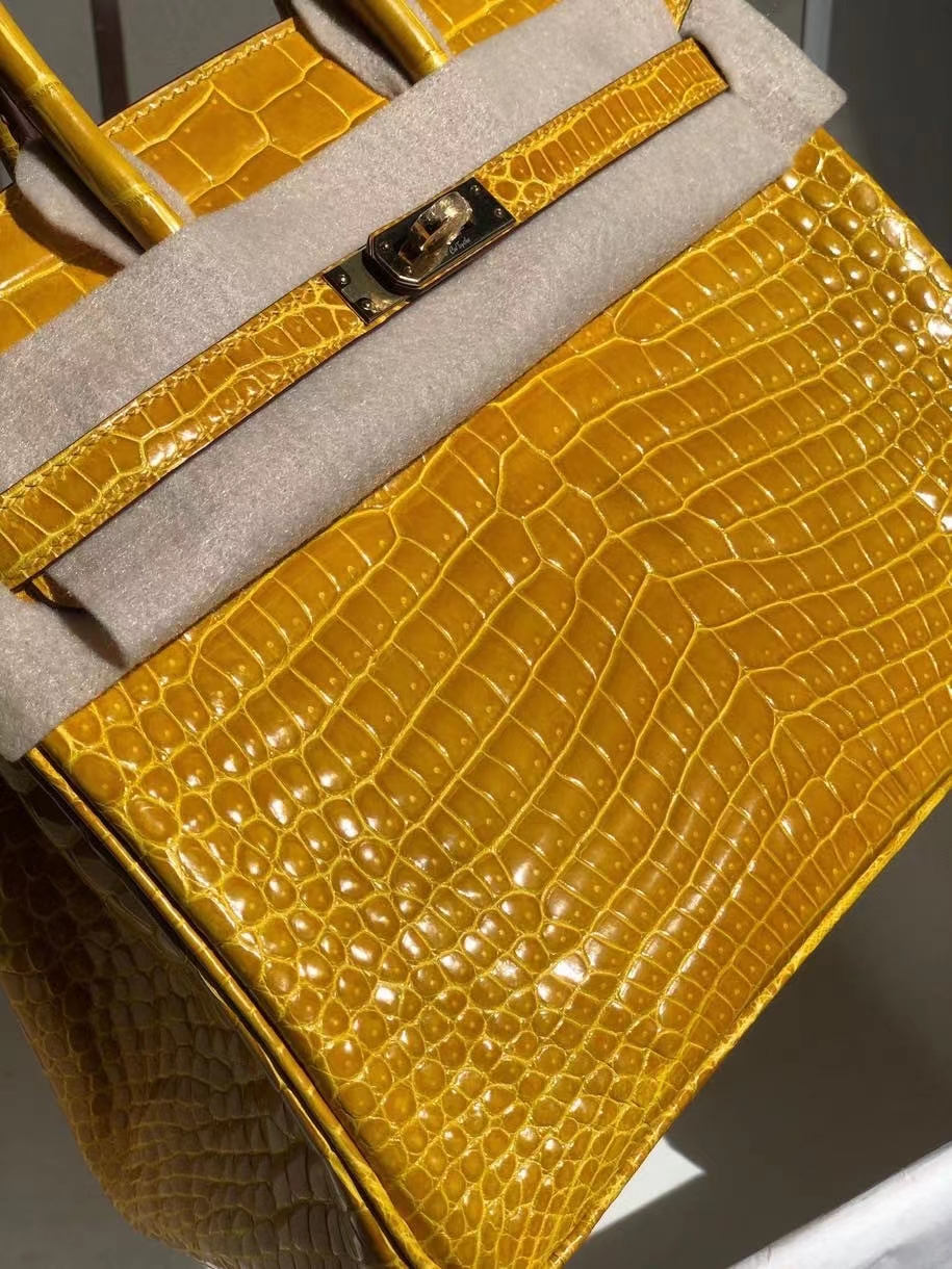 Hermès（爱马仕）Birkin 25cm Porosus shiny 亮面澳洲鳄鱼 9Ｄ 琥珀黄 Ambre 金扣 顶级手缝 现货