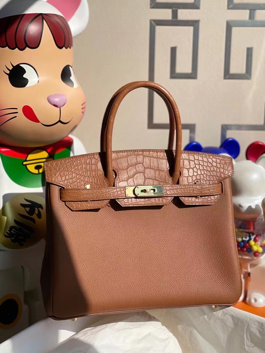 Hermès（爱马仕）Birkin 30cm Touch 系列 金棕色 雾面方块棕色鳄鱼 金扣 顶级手缝 定制