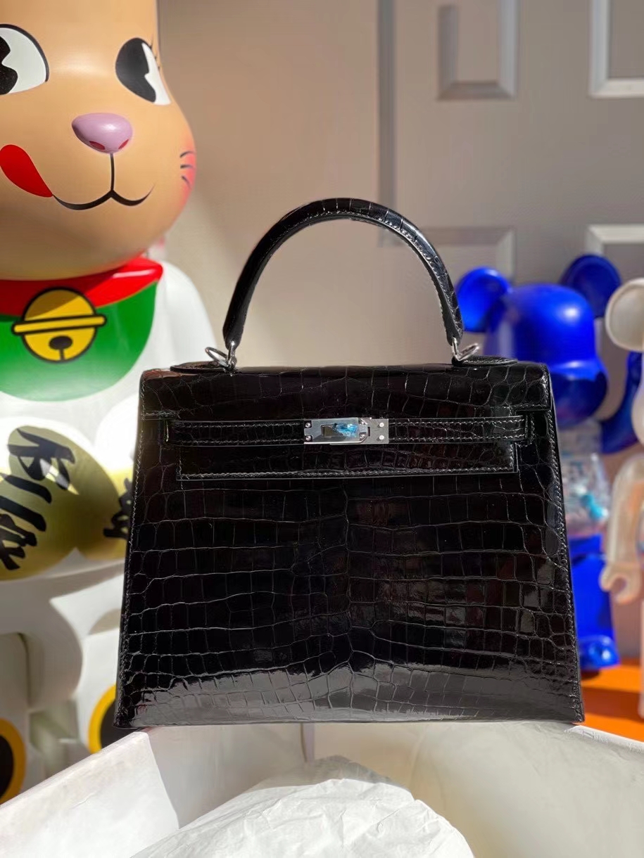 Hermès（爱马仕）Kelly 25cm Crocodile shiny 亮面鳄鱼 ck89 黑色 noir 银扣 顶级手缝 现货