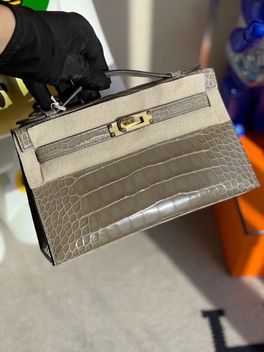 Hermès（爱马仕）Mini kelly pochette 22cm Alligator shiny 亮面鳄鱼 ck81 斑鸠灰 金扣 顶级手缝 晚宴包