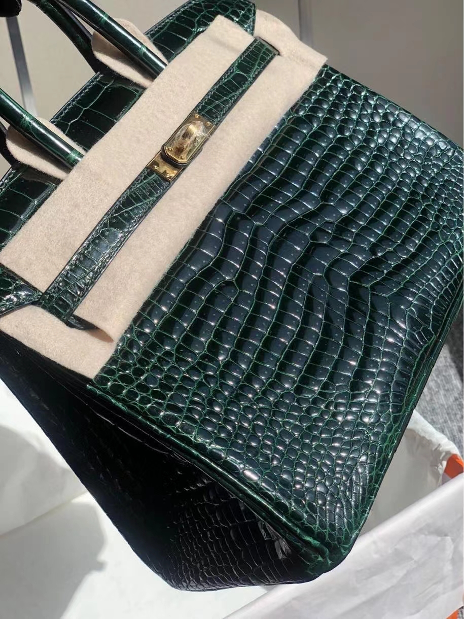 Hermès（爱马仕）Birkin 25cm Porosus shiny 亮面澳洲鳄鱼 祖母绿 金扣 顶级手缝 现货