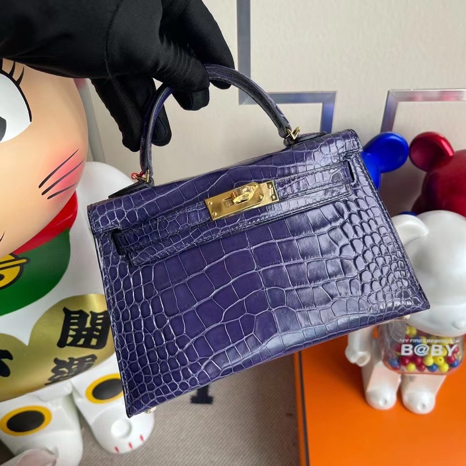 Hermès（爱马仕）Mini kelly ll Alligator shiny 亮面鳄鱼 M3 墨水蓝 金扣 顶级手缝 现货