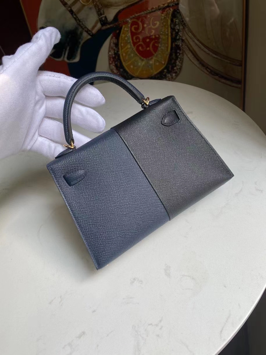 Hermès（爱马仕）Mini kelly ll Epsom 原厂掌纹皮 ck89 黑色午夜蓝 拼 B3坦桑尼亚蓝 金扣 顶级手缝 现货
