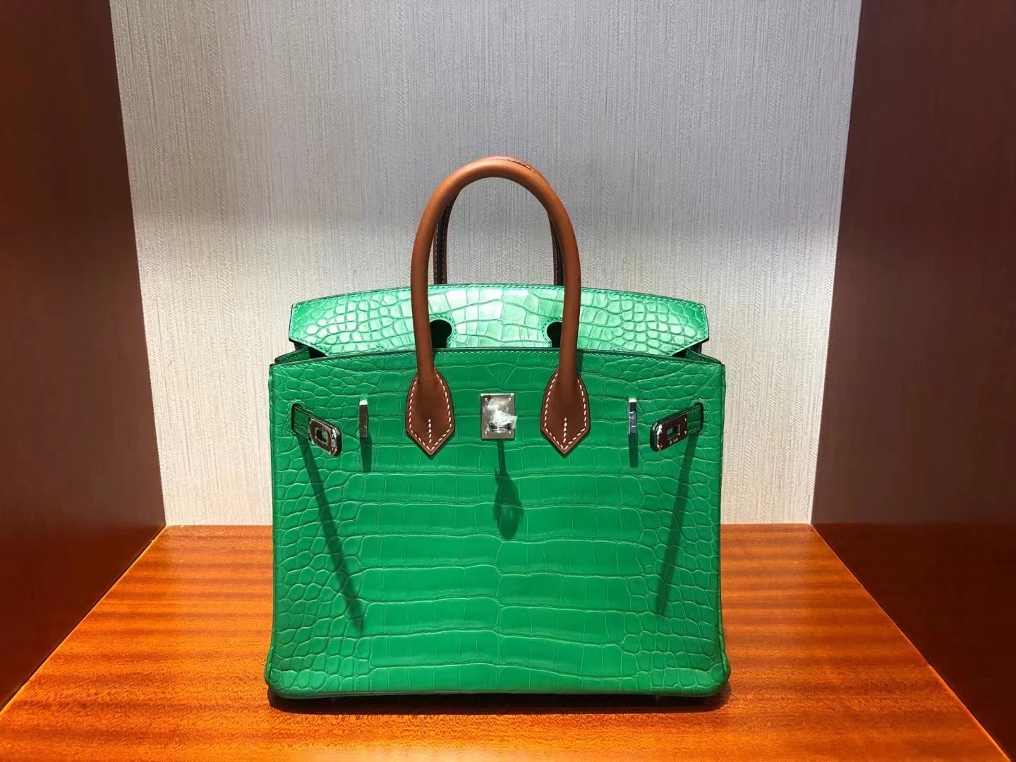 Hermès（爱马仕）Birkin 25cm Alligator matt 竹子绿拼马鞍皮棕色手腕 银扣 顶级手缝