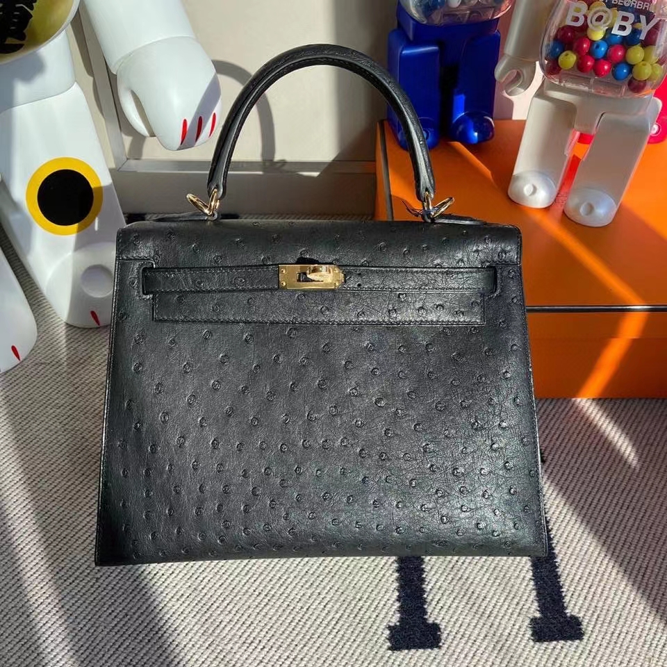 Hermès（爱马仕）Kelly 25cm Ostrich kk鸵鸟 ck89 黑色 Noir 金扣 顶级手缝 定制