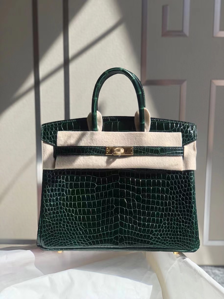 Hermès（爱马仕）Birkin 25cm Porosus shiny 亮面澳洲鳄鱼 祖母绿 金扣 顶级手缝 现货