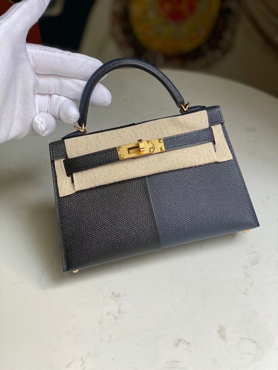 Hermès（爱马仕）Mini kelly ll Epsom 原厂掌纹皮 ck89 黑色午夜蓝 拼 B3坦桑尼亚蓝 金扣 顶级手缝 现货