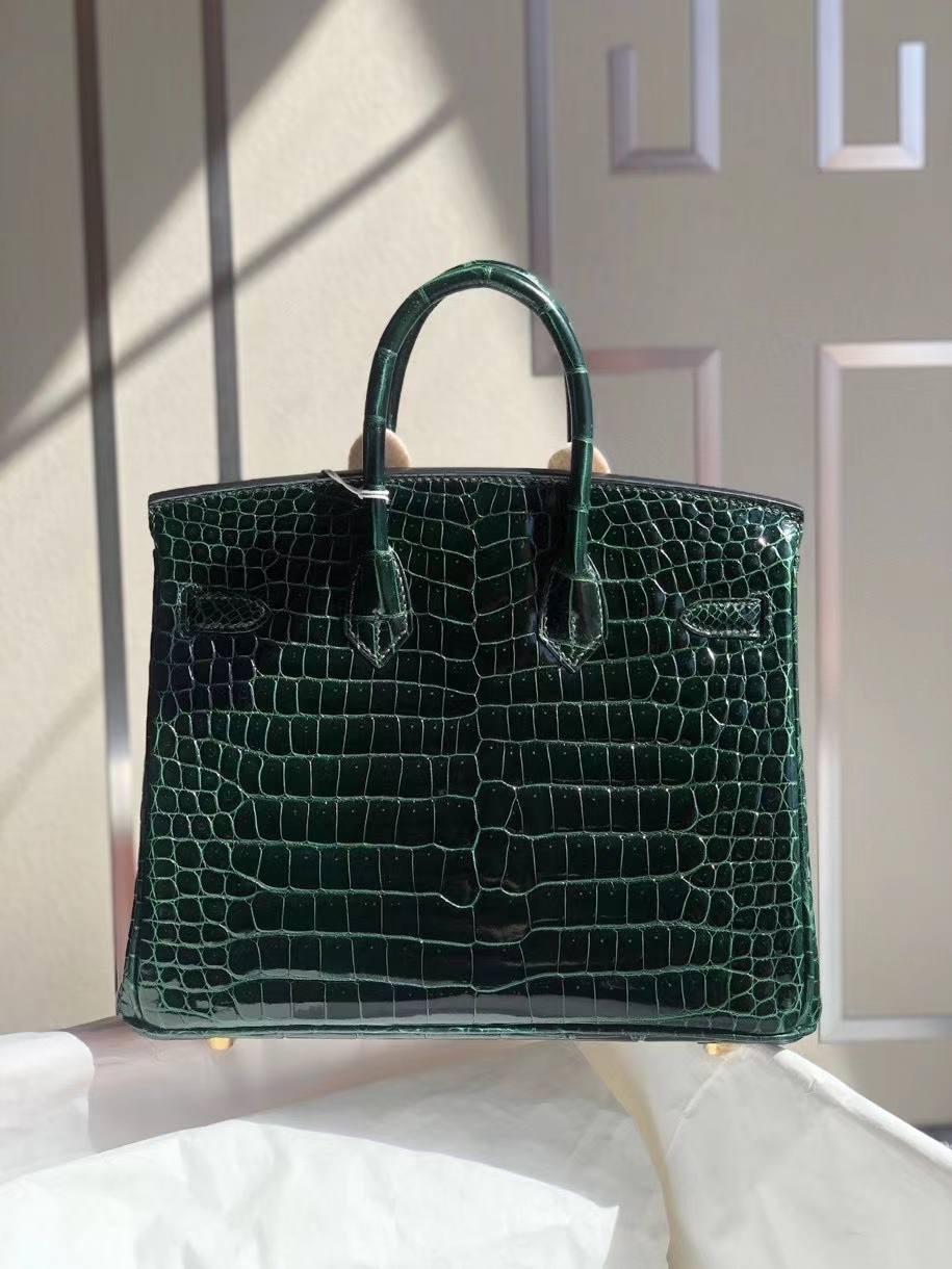 Hermès（爱马仕）Birkin 25cm Porosus shiny 亮面澳洲鳄鱼 祖母绿 金扣 顶级手缝 现货