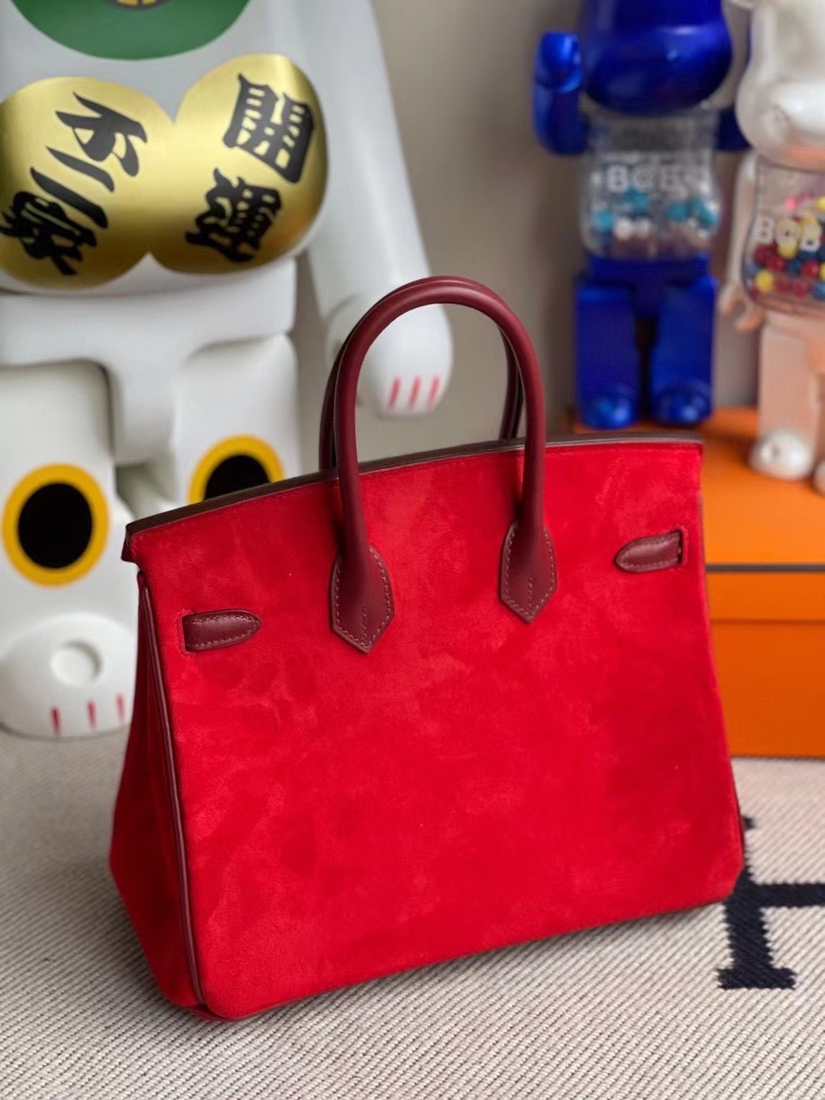 Hermès（爱马仕）Birkin 25cm 麂皮 心红色 拼Box calf 爱马仕红 银扣