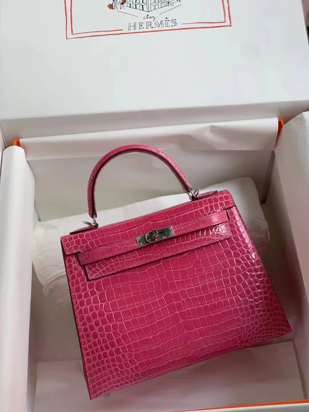 Hermès（爱马仕）Kelly 25cm 5R惊艳粉 湾鳄倒V 客定