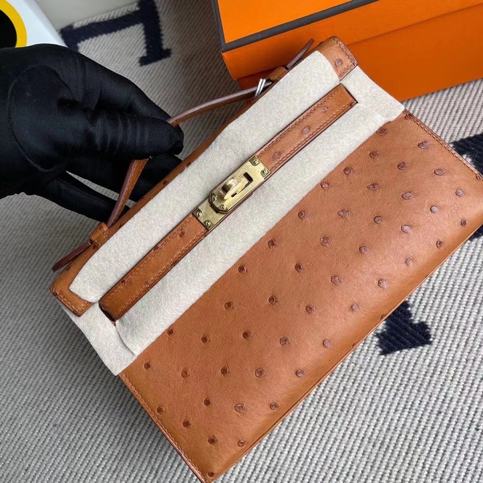 Hermès（爱马仕）Mini kelly pochette 22cm Ostrich kk鸵鸟 ck37 金棕色 Gold 金扣 顶级手缝 手拿包 晚宴包