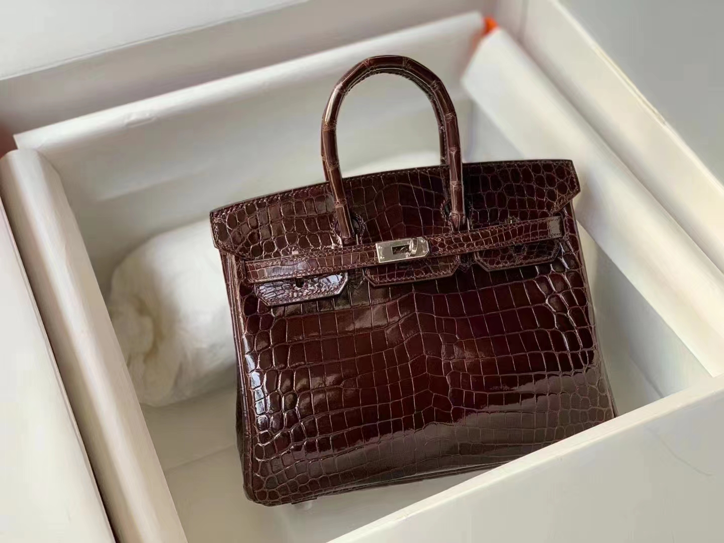 Hermès（爱马仕）birkin 25 #45#深棕色 亮面尼罗鳄鱼 頂級工艺 纯手工制作