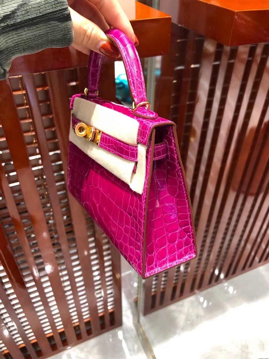 Hermès（爱马仕）Mini Kelly ll Alligator shiny 亮面鳄鱼 J5 天方夜谭粉紫 金扣 顶级手缝 现货
