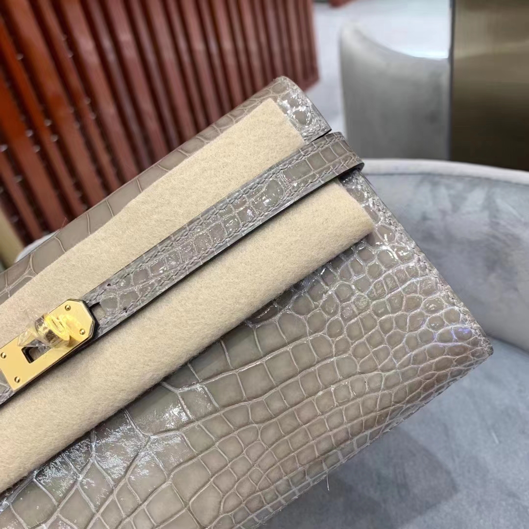 Hermès（爱马仕） Kelly Wallet 亮面美洲鳄鱼 Shiny Alligator Crocodile Ck81 斑鸠灰 顶级工艺 现货