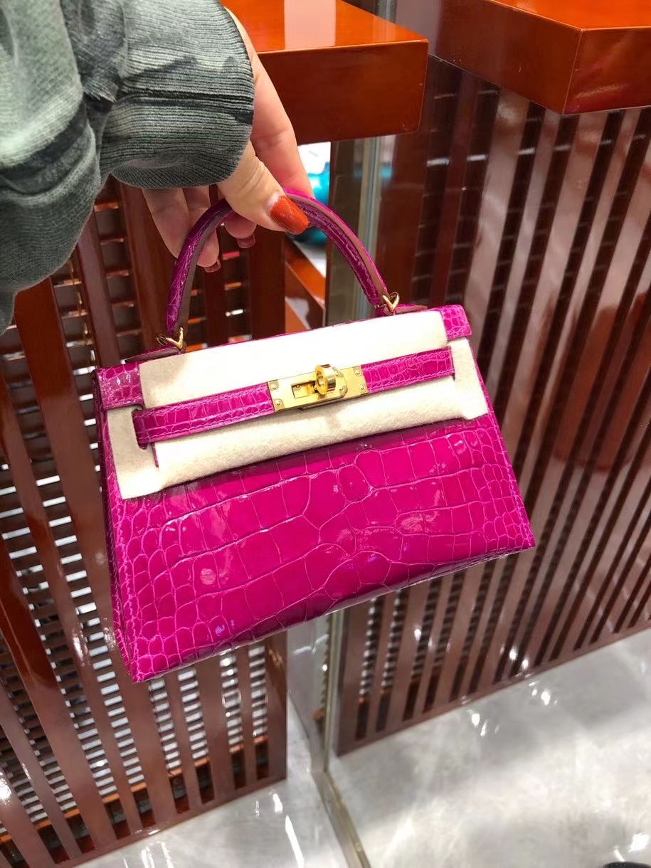 Hermès（爱马仕）Mini Kelly ll Alligator shiny 亮面鳄鱼 J5 天方夜谭粉紫 金扣 顶级手缝 现货