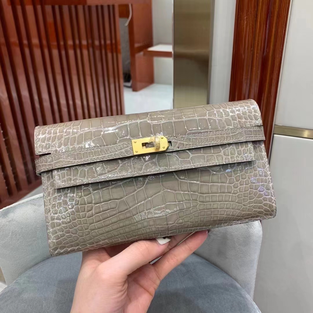 Hermès（爱马仕） Kelly Wallet 亮面美洲鳄鱼 Shiny Alligator Crocodile Ck81 斑鸠灰 顶级工艺 现货