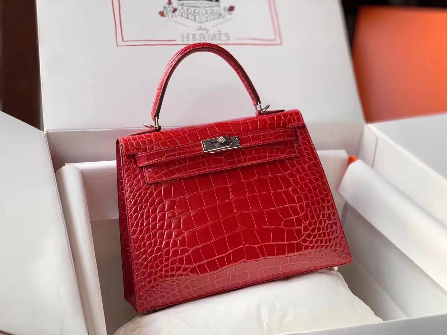 Hermès（爱马仕）Kelly 25cm 95法拉利红 亮面美洲鳄 頂級工艺
