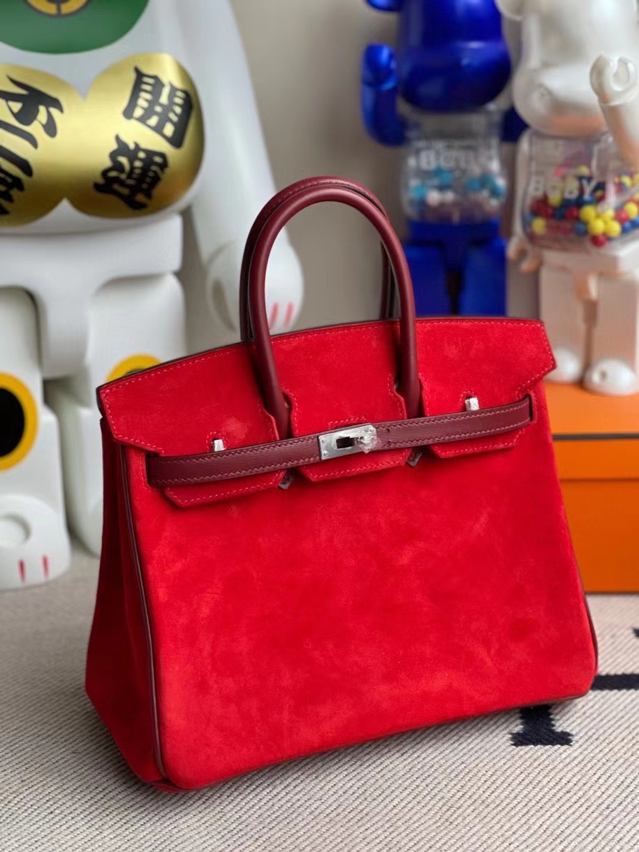 Hermès（爱马仕）Birkin 25cm 麂皮 心红色 拼Box calf 爱马仕红 银扣