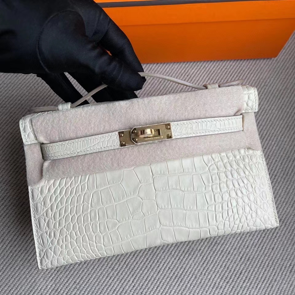 Hermès（爱马仕）Mini kelly pochette 22cm Alligator matt 雾面鳄鱼 8L 奶油白 金扣 Beton 金扣 顶级手缝 手拿包 晚宴包