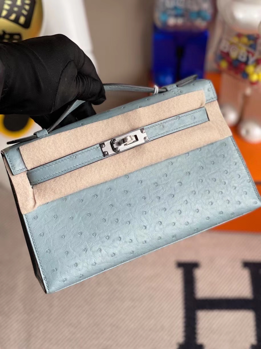 Hermès（爱马仕）Mini kelly pochette 22cm Ostrich kk鸵鸟 8U 冰川蓝 银扣 顶级手缝 手拿包 晚宴包