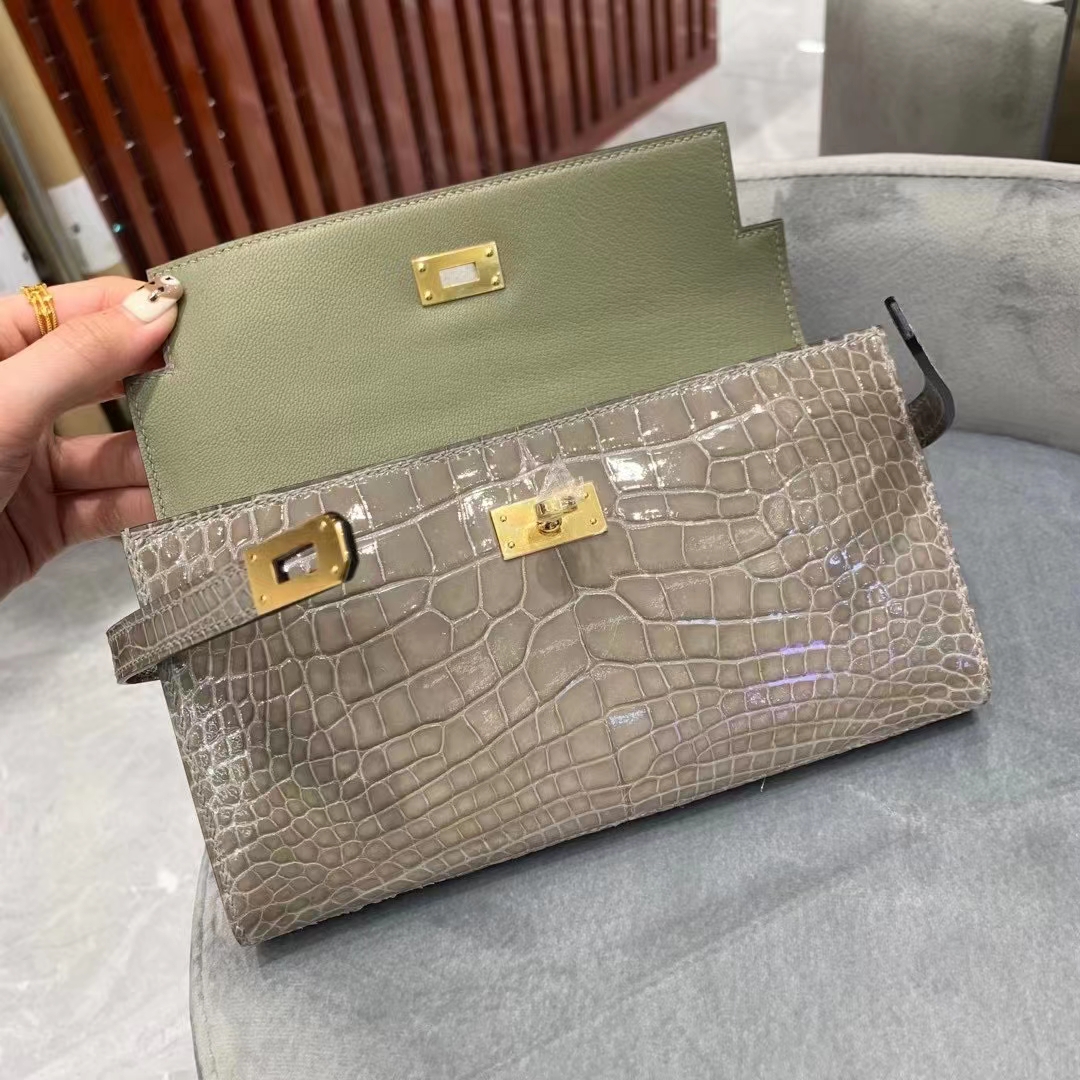 Hermès（爱马仕） Kelly Wallet 亮面美洲鳄鱼 Shiny Alligator Crocodile Ck81 斑鸠灰 顶级工艺 现货