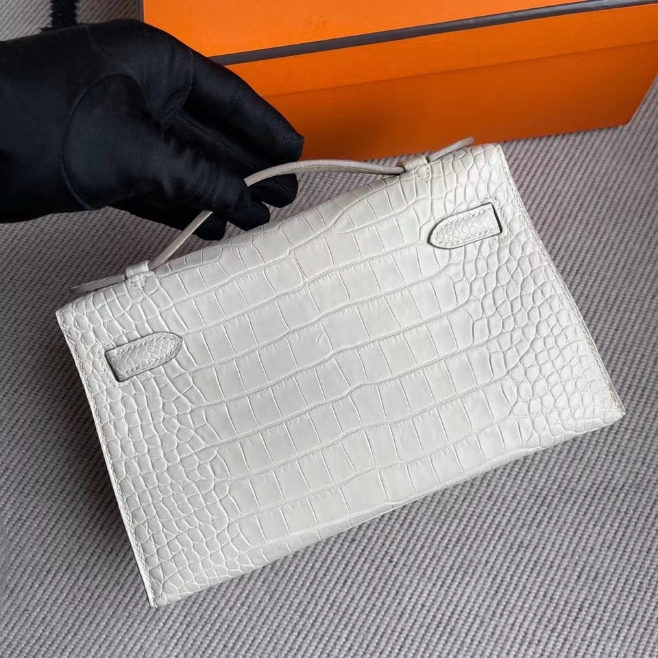 Hermès（爱马仕）Mini kelly pochette 22cm Alligator matt 雾面鳄鱼 8L 奶油白 金扣 Beton 金扣 顶级手缝 手拿包 晚宴包
