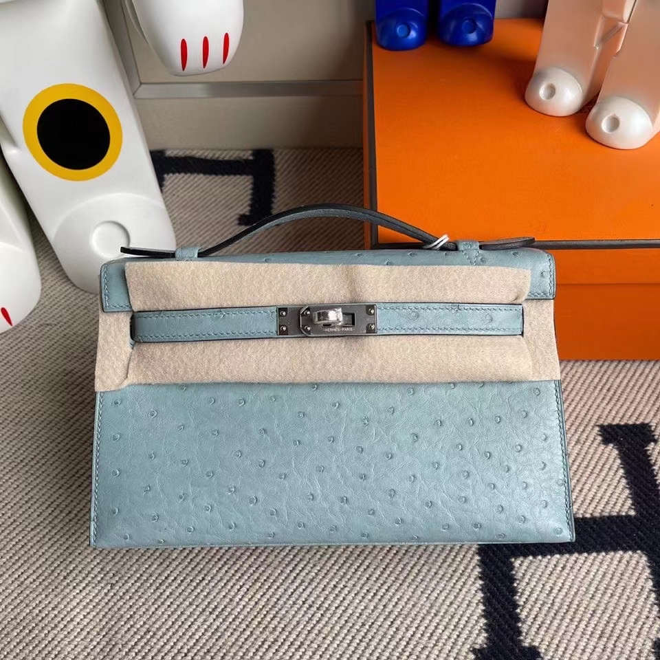 Hermès（爱马仕）Mini kelly pochette 22cm Ostrich kk鸵鸟 8U 冰川蓝 银扣 顶级手缝 手拿包 晚宴包