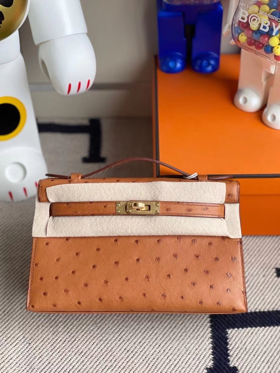 Hermès（爱马仕）Mini kelly pochette 22cm Ostrich kk鸵鸟 ck37 金棕色 Gold 金扣 顶级手缝 手拿包 晚宴包