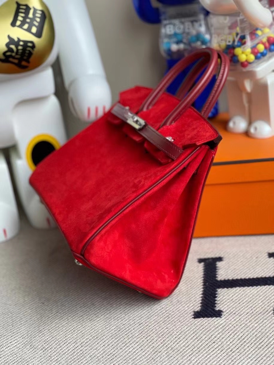 Hermès（爱马仕）Birkin 25cm 麂皮 心红色 拼Box calf 爱马仕红 银扣