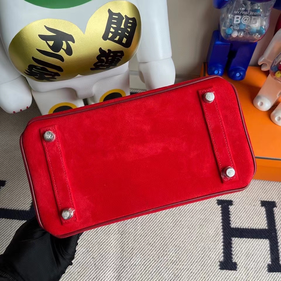 Hermès（爱马仕）Birkin 25cm 麂皮 心红色 拼Box calf 爱马仕红 银扣