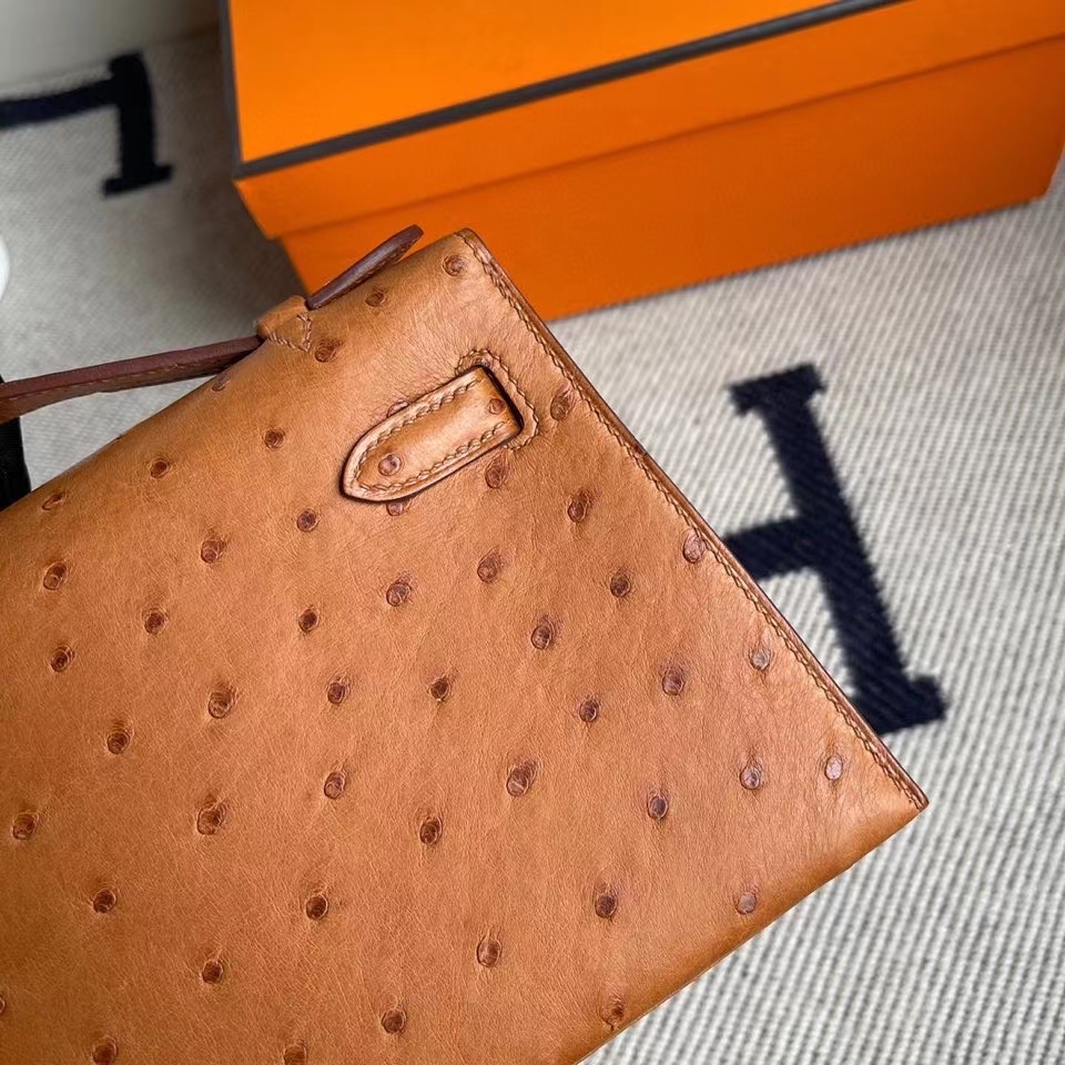 Hermès（爱马仕）Mini kelly pochette 22cm Ostrich kk鸵鸟 ck37 金棕色 Gold 金扣 顶级手缝 手拿包 晚宴包