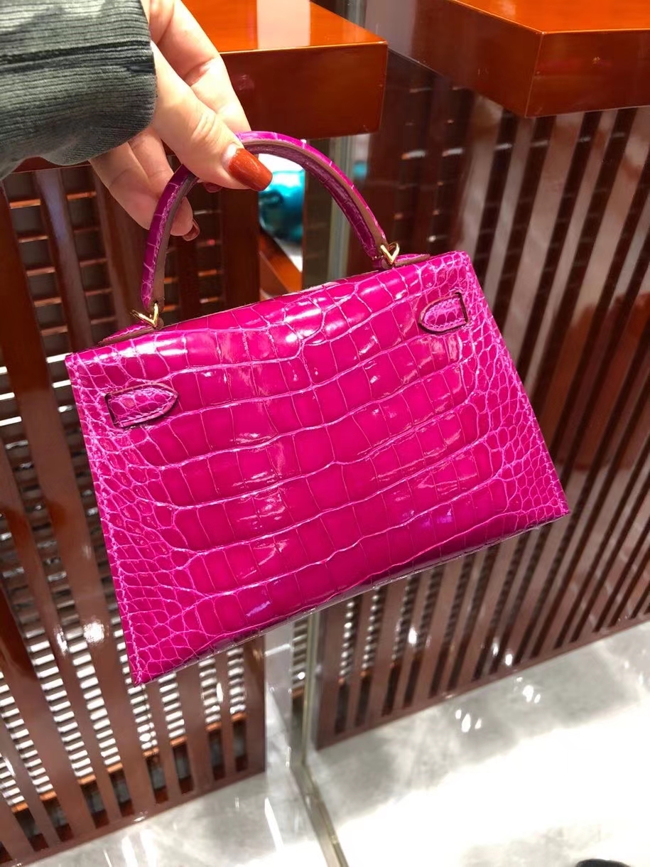 Hermès（爱马仕）Mini Kelly ll Alligator shiny 亮面鳄鱼 J5 天方夜谭粉紫 金扣 顶级手缝 现货