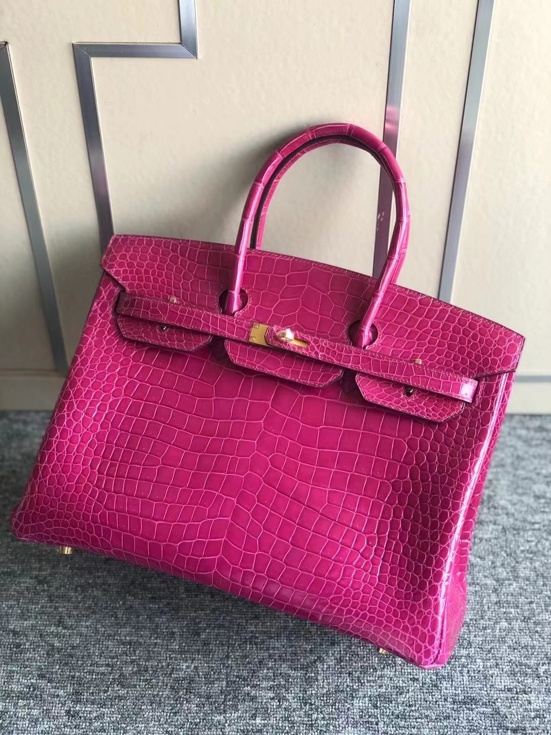Hermès（爱马仕）Birkin 35cm 亮面倒V澳洲湾鳄 J5天方夜谭粉紫 Rose 顶级工艺 全手工缝制 金扣 现货