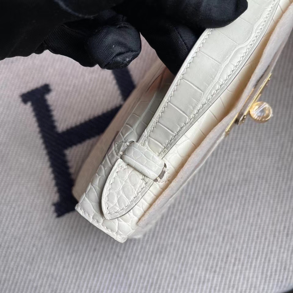 Hermès（爱马仕）Mini kelly pochette 22cm Alligator matt 雾面鳄鱼 8L 奶油白 金扣 Beton 金扣 顶级手缝 手拿包 晚宴包