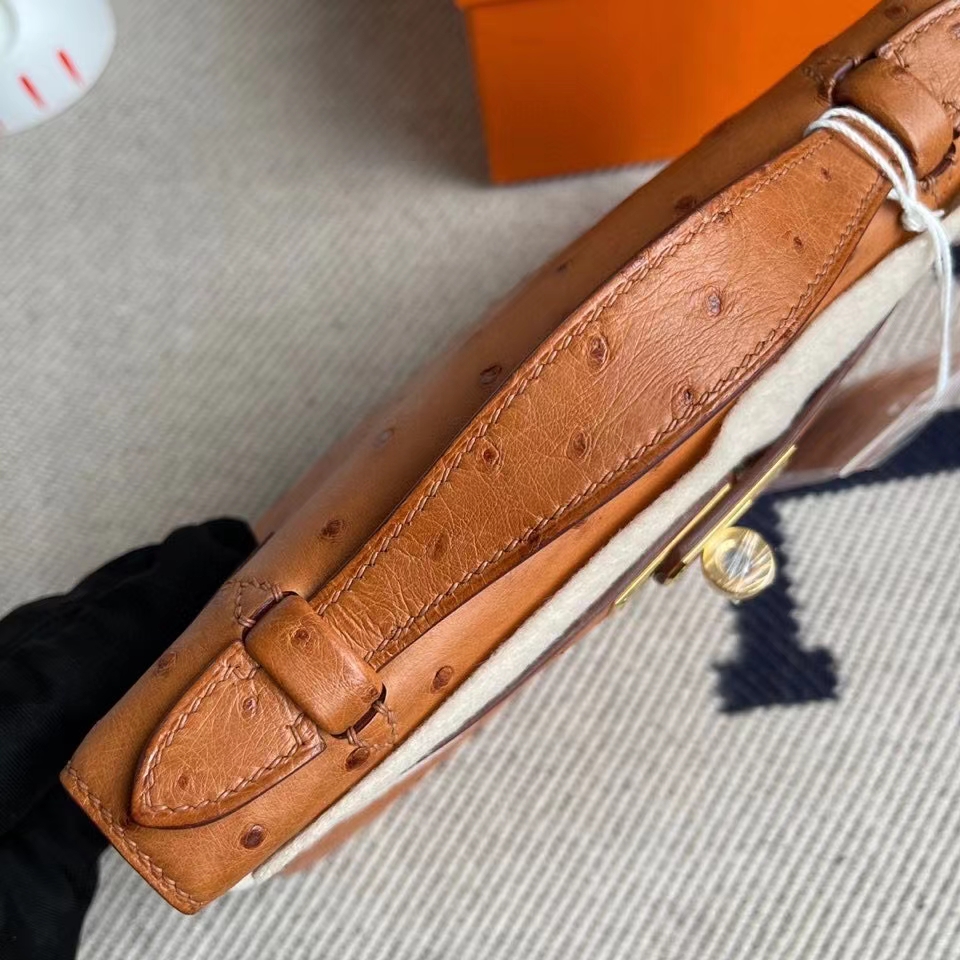Hermès（爱马仕）Mini kelly pochette 22cm Ostrich kk鸵鸟 ck37 金棕色 Gold 金扣 顶级手缝 手拿包 晚宴包