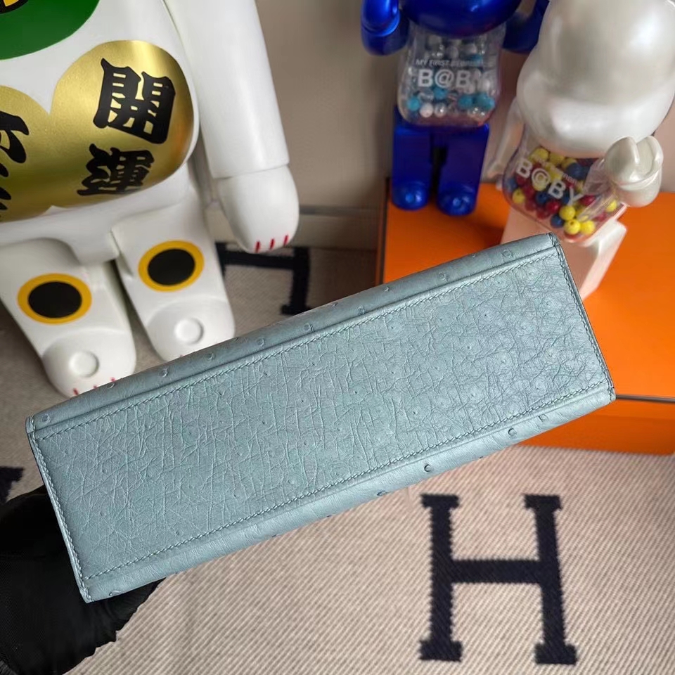 Hermès（爱马仕）Mini kelly pochette 22cm Ostrich kk鸵鸟 8U 冰川蓝 银扣 顶级手缝 手拿包 晚宴包