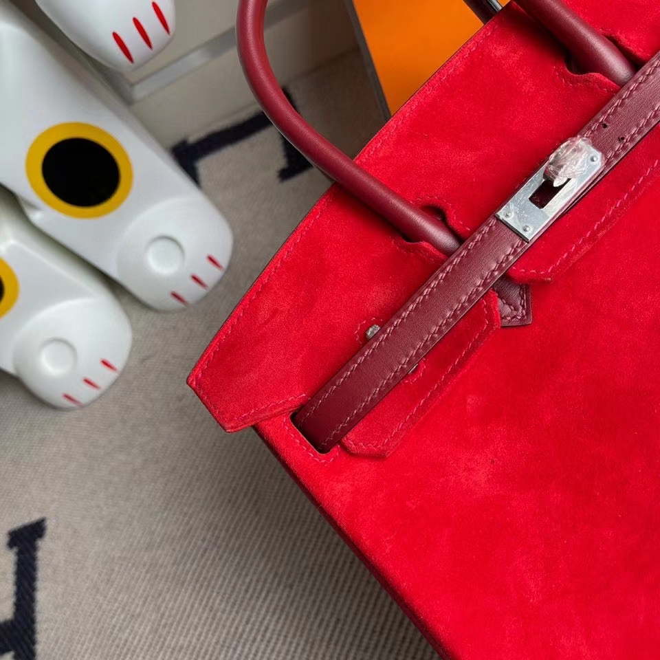 Hermès（爱马仕）Birkin 25cm 麂皮 心红色 拼Box calf 爱马仕红 银扣