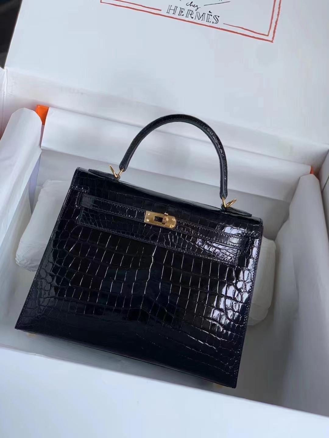 Hermès(爱马仕)Kelly 25cm #89经典黑金 尼罗鳄 顶级工艺-拉尔森鳄鱼皮具定制 - 爱马仕包包官网 Hermès(爱马仕)Kelly 25cm #89经典黑金 尼罗鳄 顶级工艺